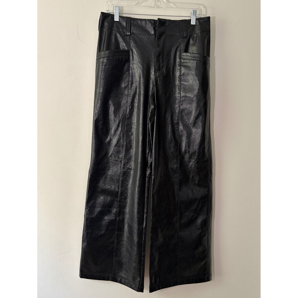 Free People Black Coated Faux Leather Wide Leg Patch Pocket Pants Size 8